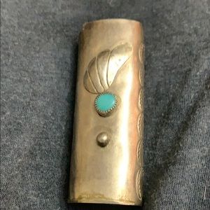 Vintage S Silver and Turquoise Lighter Holder